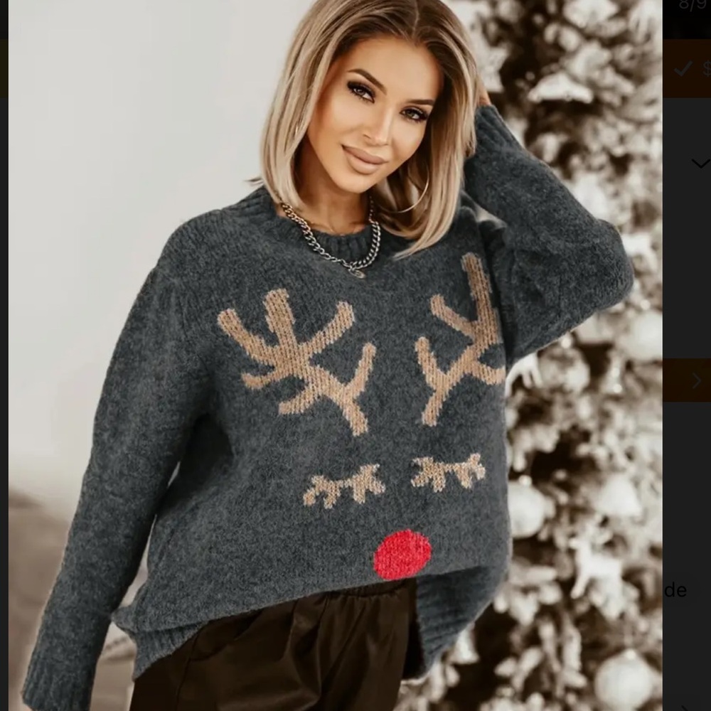 Red nosed Reindeer Christmas Sweater Glistening Antlers - Picture 5 of 15